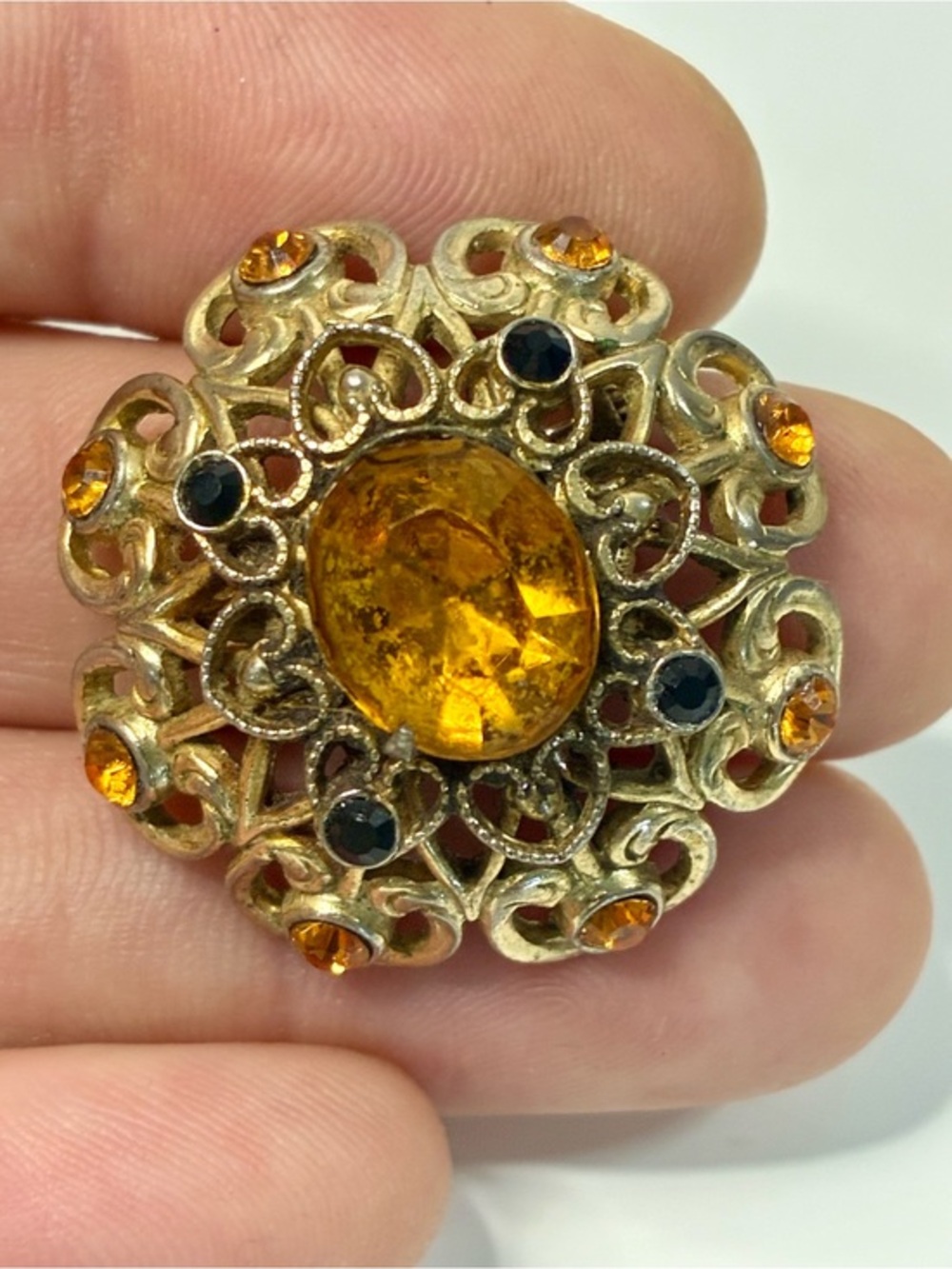 Coro Gold-Tone Heart Shaped Ornate Filigree Brooch with Amber and Black Stones